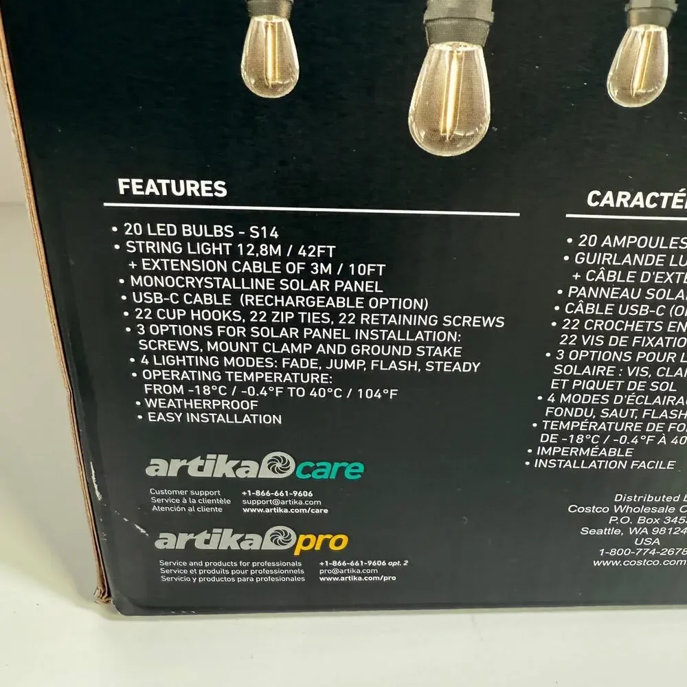 Artika Blaze 20 LED Bulb Outdoor Solar String Lights Matte Black, New open box